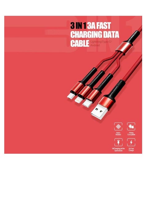 إل دينو كابل شحن مجدول من النايلون 3 في 1، كابل شحن متعدد USB، سلك شحن سريع مع نوع C، Micro USB ومنفذ LIGHTING، متوافق مع معظم أجهزة iPhone وiPad وAndroid