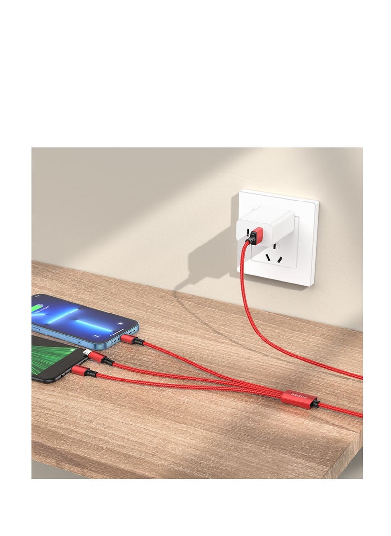 إل دينو كابل شحن مجدول من النايلون 3 في 1، كابل شحن متعدد USB، سلك شحن سريع مع نوع C، Micro USB ومنفذ LIGHTING، متوافق مع معظم أجهزة iPhone وiPad وAndroid