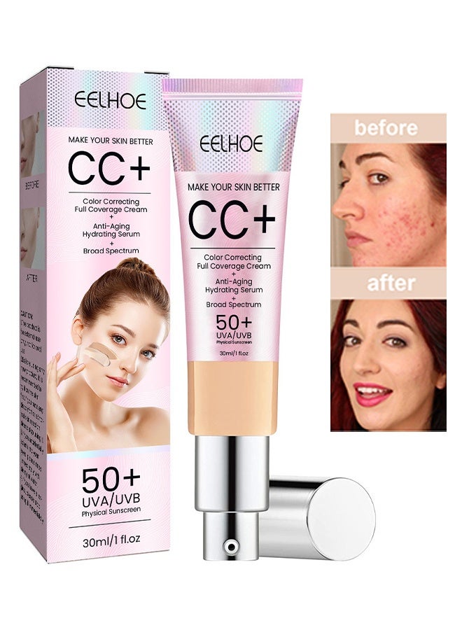 إيلهو كريم تصحيح اللون CC بتغطية كاملة SPF 50، كريم أساس CC، سيروم خفيف مرطب مع تغطية كاملة، يتحكم في الدهون ويرطب البشرة، كريم تصحيح اللون مطفي طويل الأمد (متوسط) 30 مل - Image 1