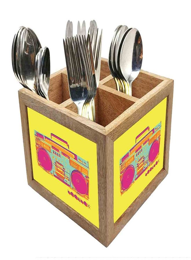 Nutcase Wooden Cutlery Stand Holder Silverware Caddy Spoons Forks Knives Organizer for Dining Table & Kitchen -Made in India-Spoons NOT Included - Radio Yellow - Image 1