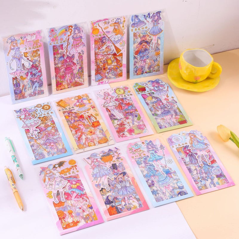 48 Sheets Cartoon Girl Stickers  Kawaii PET Transparent Journaling Stationery Calendar DIY Magical People Decorative Sticker for Scrapbooking Diary Planner DIY Craft Album Phone Case Cup