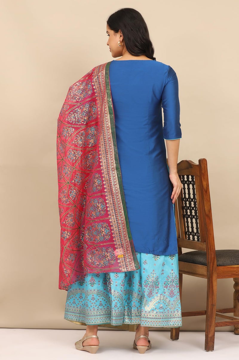 Aurelia Women's Blue Zari Embroidered Straight Kurta and Printed Skirt and Dupatta Set (Size: M)-ONAS14686-704199 - Image 5