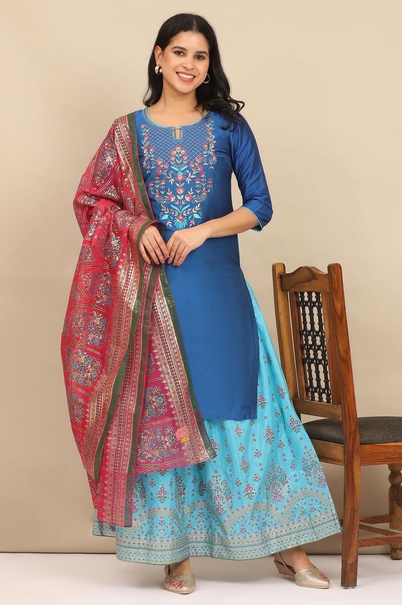 Aurelia Women's Blue Zari Embroidered Straight Kurta and Printed Skirt and Dupatta Set (Size: M)-ONAS14686-704199 - Image 2