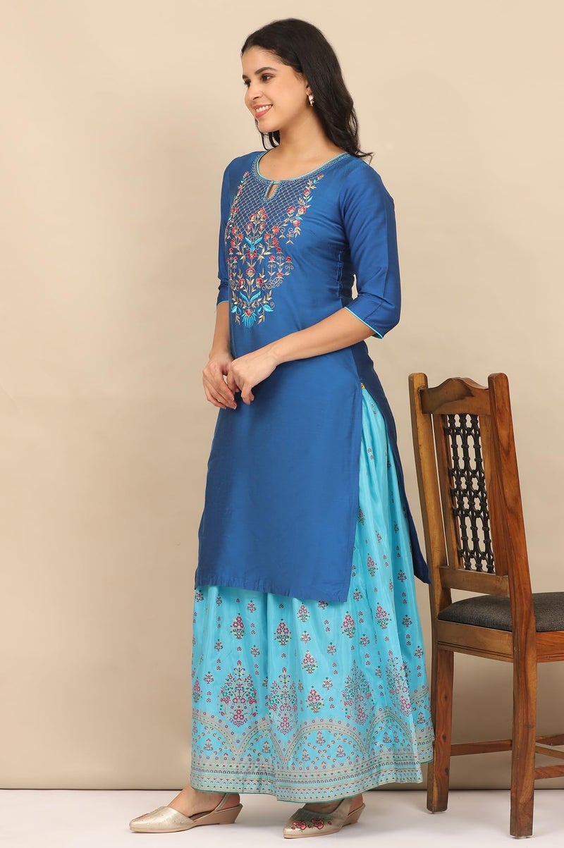 Aurelia Women's Blue Zari Embroidered Straight Kurta and Printed Skirt and Dupatta Set (Size: M)-ONAS14686-704199 - Image 4