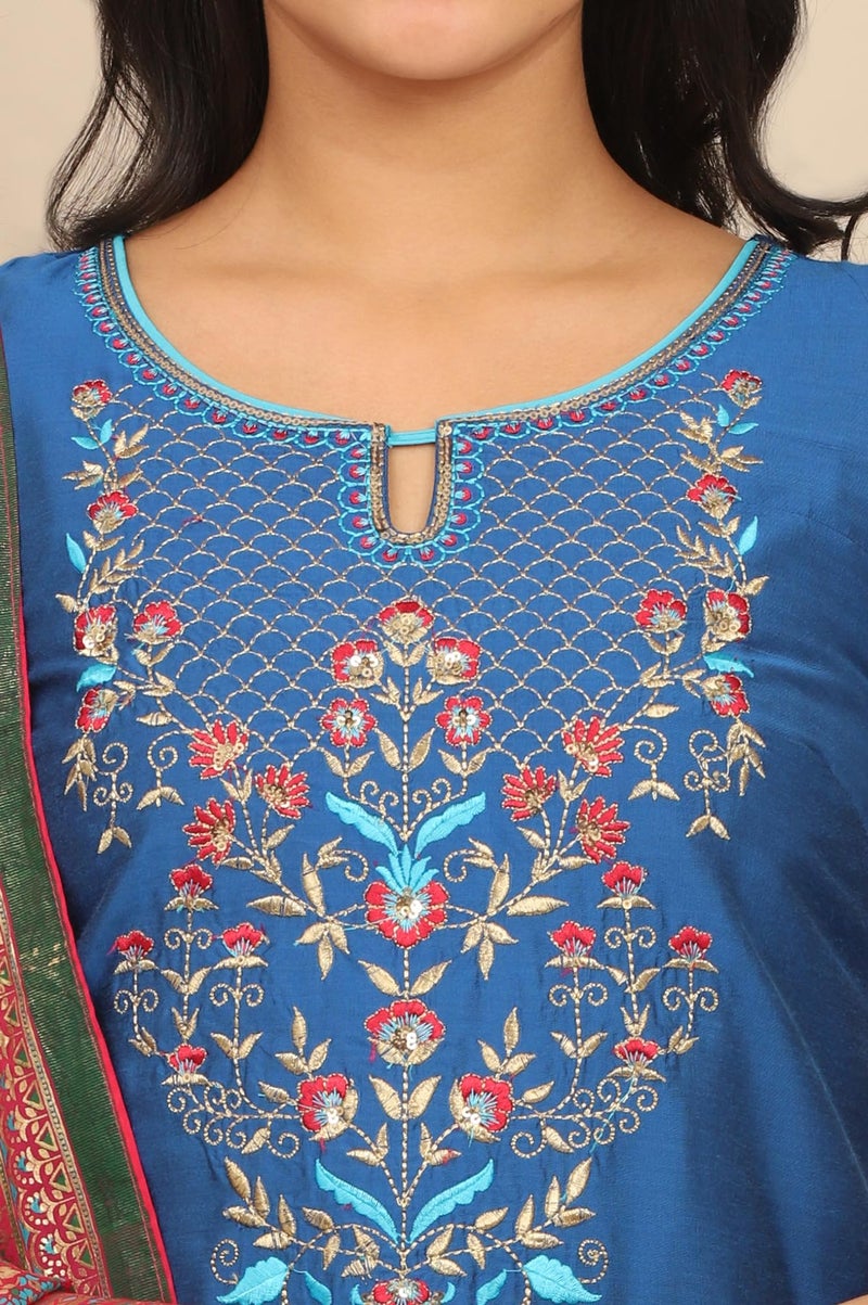Aurelia Women's Blue Zari Embroidered Straight Kurta and Printed Skirt and Dupatta Set (Size: M)-ONAS14686-704199 - Image 3