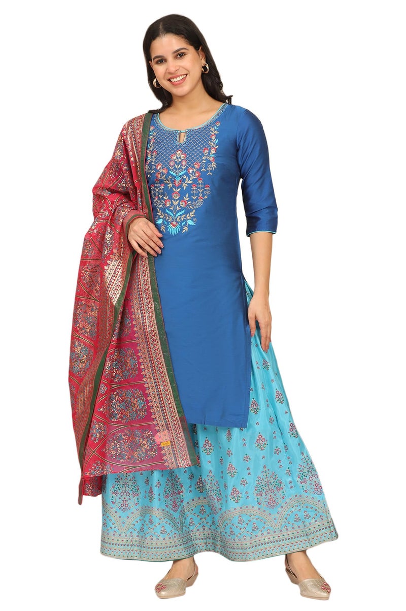 Aurelia Women's Blue Zari Embroidered Straight Kurta and Printed Skirt and Dupatta Set (Size: M)-ONAS14686-704199 - Image 1