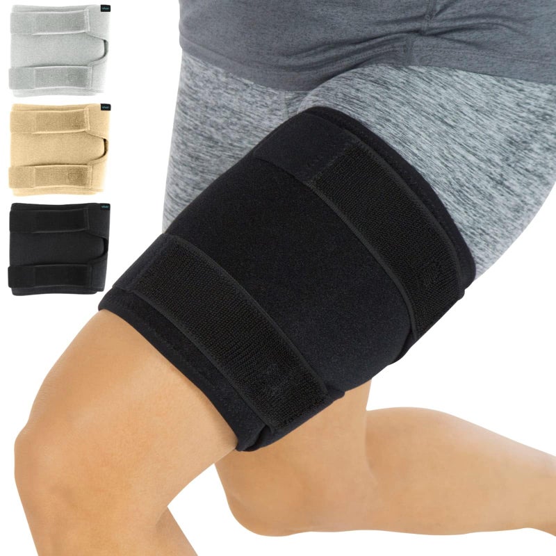 Vive Thigh Brace Hamstring Quad Wrap Adjustable Compression Sleeve Support for Pulled Groin Muscle Sprains Quadricep Tendinitis Workouts Sciatica Pain and Sports Recovery Men Women Black