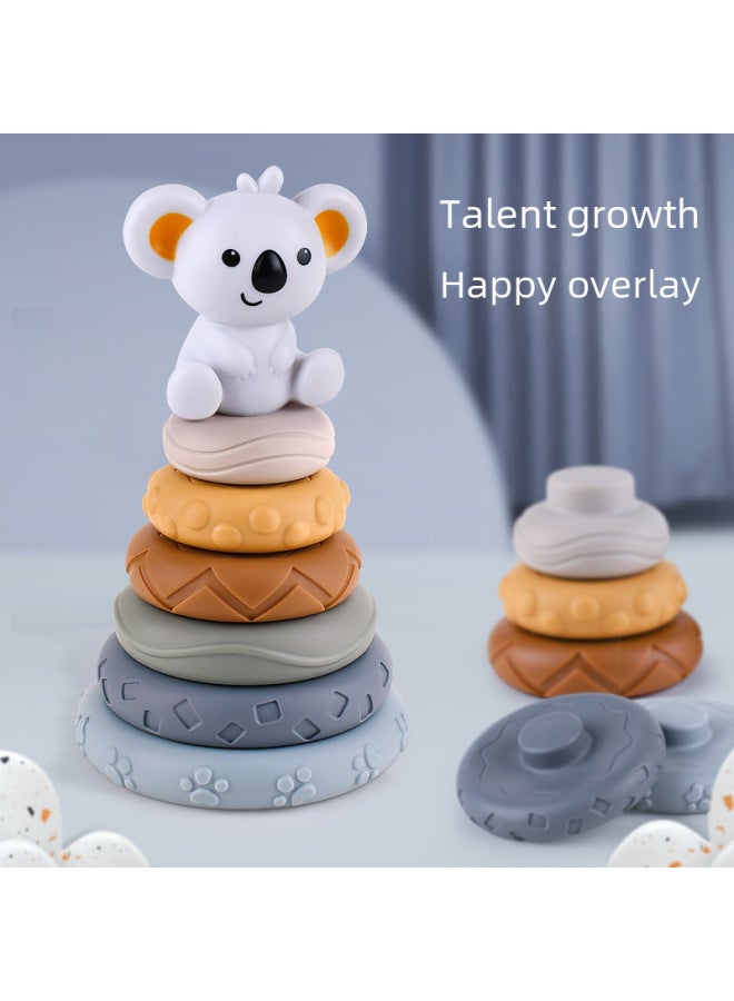 Children's Baby Koala Soft Building Blocks Jengle Tang Gum Relief Soft Four-square Pinch Called Teether-Color:Kaola Six-layer Soft Rubber Ring (English Color Box) - Image 3