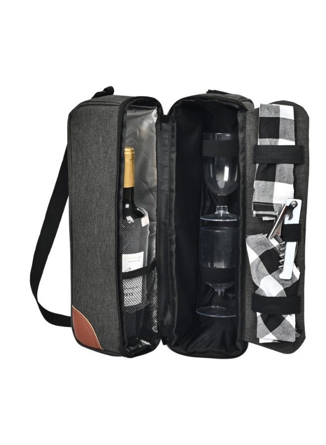 Grey 1-Bottle Wine Cooler Bag, Outdoor Picnic Wine Travel Tote with Insulation, Holds 1 Wine Bottle, 2 Glasses & Corkscrew – Portable Wine Handbag - Image 4