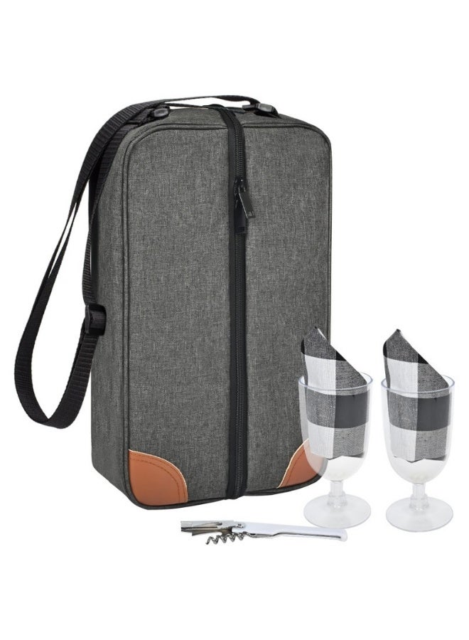 Grey 1-Bottle Wine Cooler Bag, Outdoor Picnic Wine Travel Tote with Insulation, Holds 1 Wine Bottle, 2 Glasses & Corkscrew – Portable Wine Handbag - Image 1