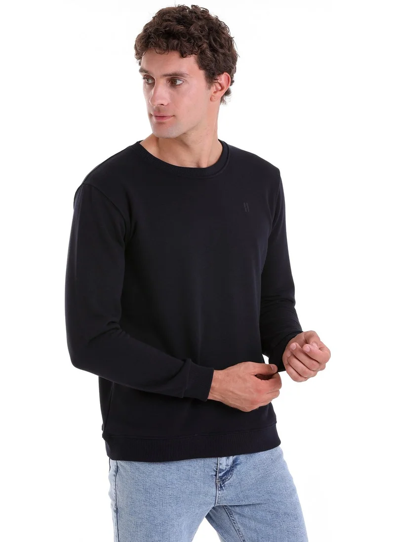 هاتيموغلو Navy Blue Regular Fit Plain Cotton Crew Neck Sweatshirt