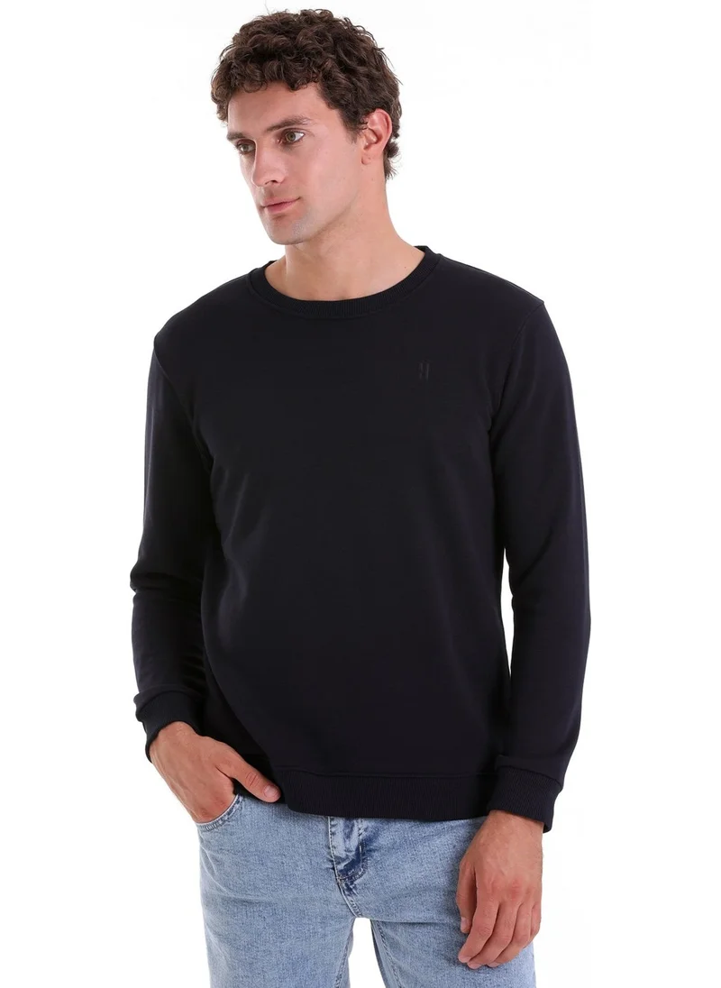 هاتيموغلو Navy Blue Regular Fit Plain Cotton Crew Neck Sweatshirt