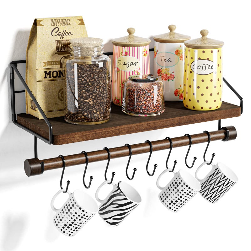 Alsonerbay Floating Shelf WallMounted Coffee Bar Shelf with Hooks and Towel Bar Kitchen Shelves for Organizing Cooking Utensils and Mugs - Image 2