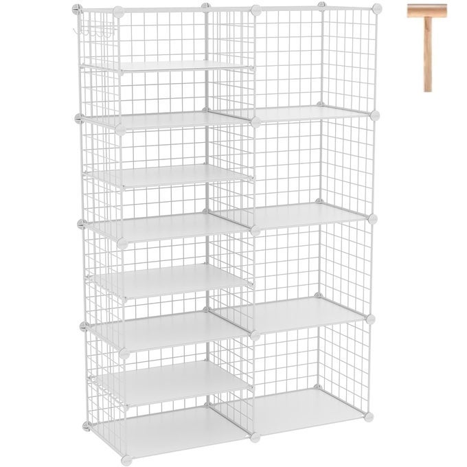 WIRE CUBE STORAGE UNIT INTERLOCKING METAL WIRE ORGANIZER WITH DIVIDER DESIGN MODULAR CABINET WITH PLASTIC PANELS BOOKSHELF STACKABLE CLOSET ORGANIZER WITH SMALL HOOKS WHITE UWCSIM08W