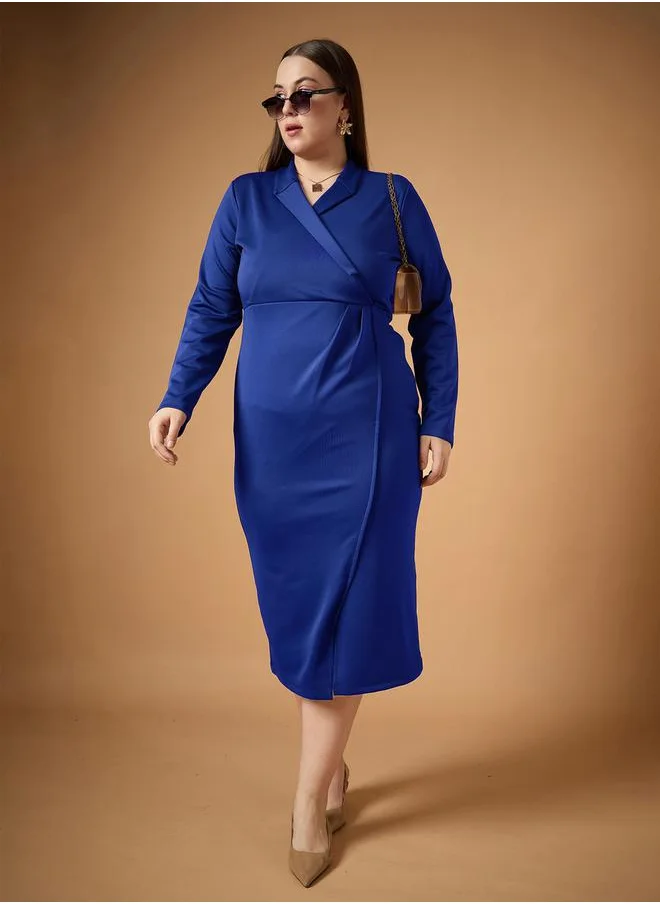 SASSAFRAS Plus Size Solid Wrap Look Sheath Midi Dress