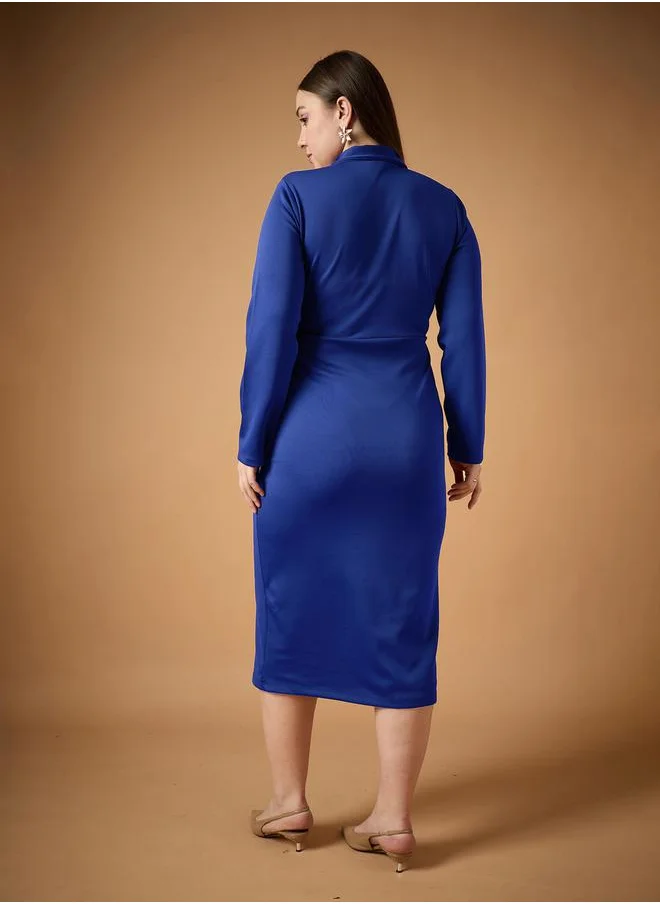 SASSAFRAS Plus Size Solid Wrap Look Sheath Midi Dress by Styli