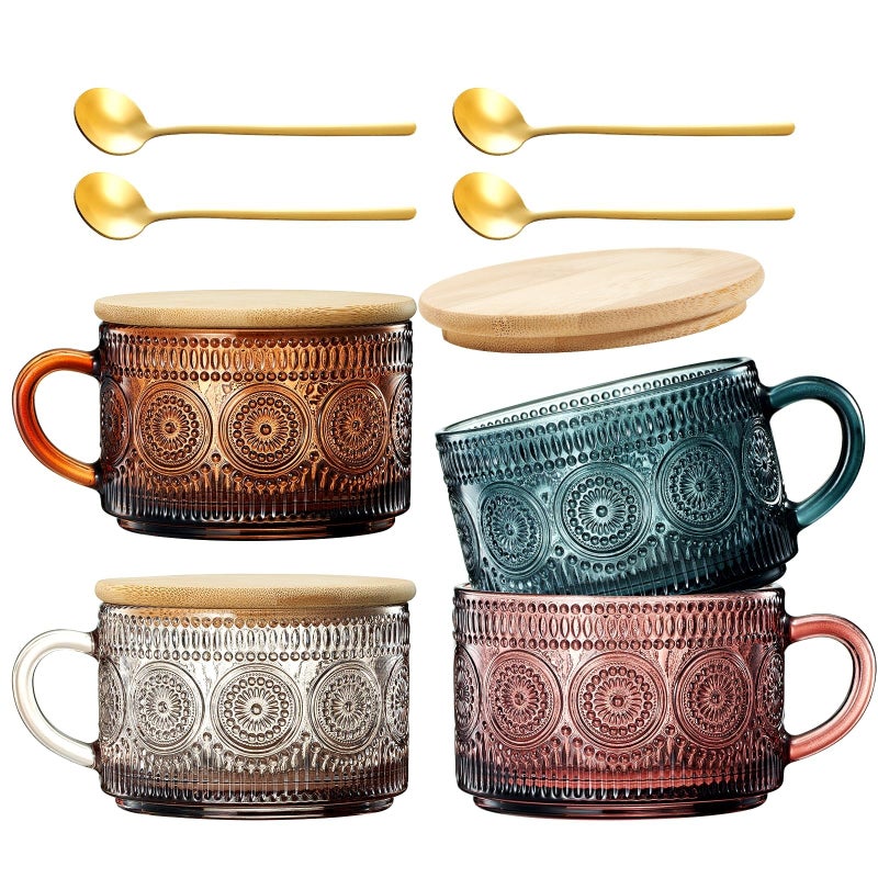 Khen Colored Vintage Coffee Mug Set Set of 4 15oz Unique Flower Hobnail Glasses Overnight Oats Container with Gold Spoons Embossed Cups Cute Coffee Bar Accessories Glassware Muted