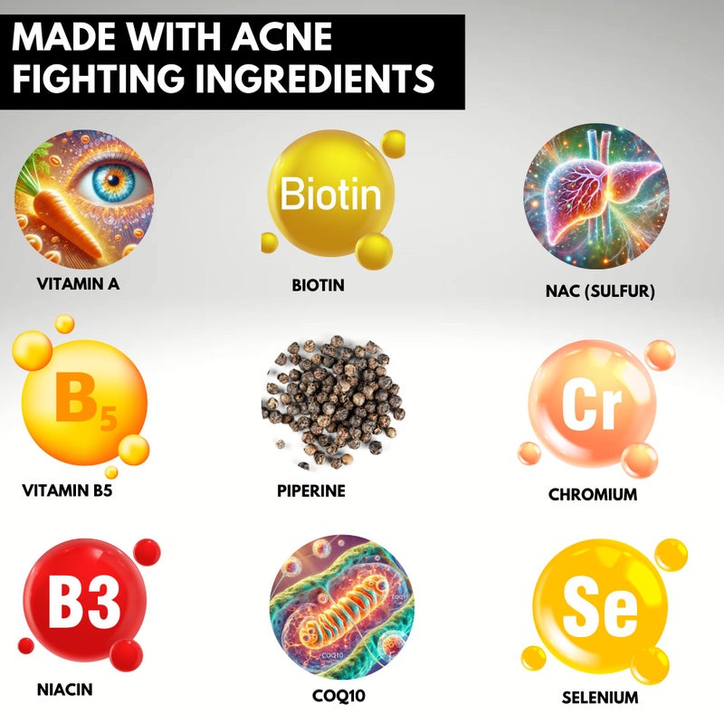 Acnetame Acne Pills- Vitamin Supplements for Acne Treatment- Natural Clear Skin from Hormonal Cystic Pimples- Oily Skin Vitamins Pill for Women, Teen, Men, & Adults 60 Tablets - Image 2