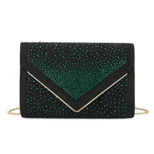 CHARMING TAILOR Envelope Purse Formal Faux Suede Clutch Rhinestone Evening Bag for Women Party Handbag (Black/green) - Image 1