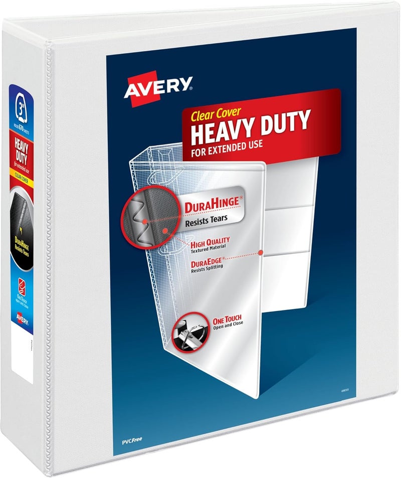 AVERY Heavy-Duty View 3 Ring Binder, 3" One Touch EZD Rings, 670-Sheet Capacity, 3.5 Inch Wide Spine, Great for Home, School Supplies, Office, or Organization Needs, 1 White Binder (79193) - Image 1