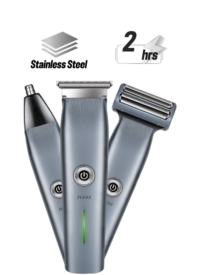 FLEXY Rechargeable Grooming Set: 3-in-1 Nose Trimmer, Hair Trimmer, Shaver, 2-Hour Charge/Use, Hard Alloy Blades, USB-C, 600mAh Battery, 3 Trimmer Guides, 2-Year Warranty. - Image 1