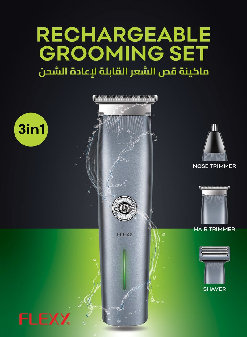 FLEXY Rechargeable Grooming Set: 3-in-1 Nose Trimmer, Hair Trimmer, Shaver, 2-Hour Charge/Use, Hard Alloy Blades, USB-C, 600mAh Battery, 3 Trimmer Guides, 2-Year Warranty. - Image 2