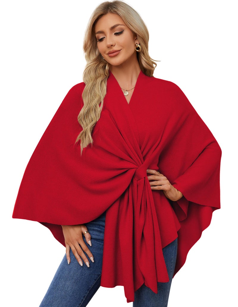 PULI Womens Elegant Shawl Wraps Soft Open Front Poncho Sweater for Spring Fall Winter red
