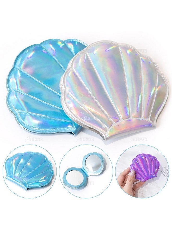 AUEAR , 4 Pack Glitter Shell Mirror Double-Sided Magnification Makeup Mirrors Mini Portable Foldable Handheld Compact Mirror For Purse Handbag Pocket Women Girls 4 Colors - Image 2