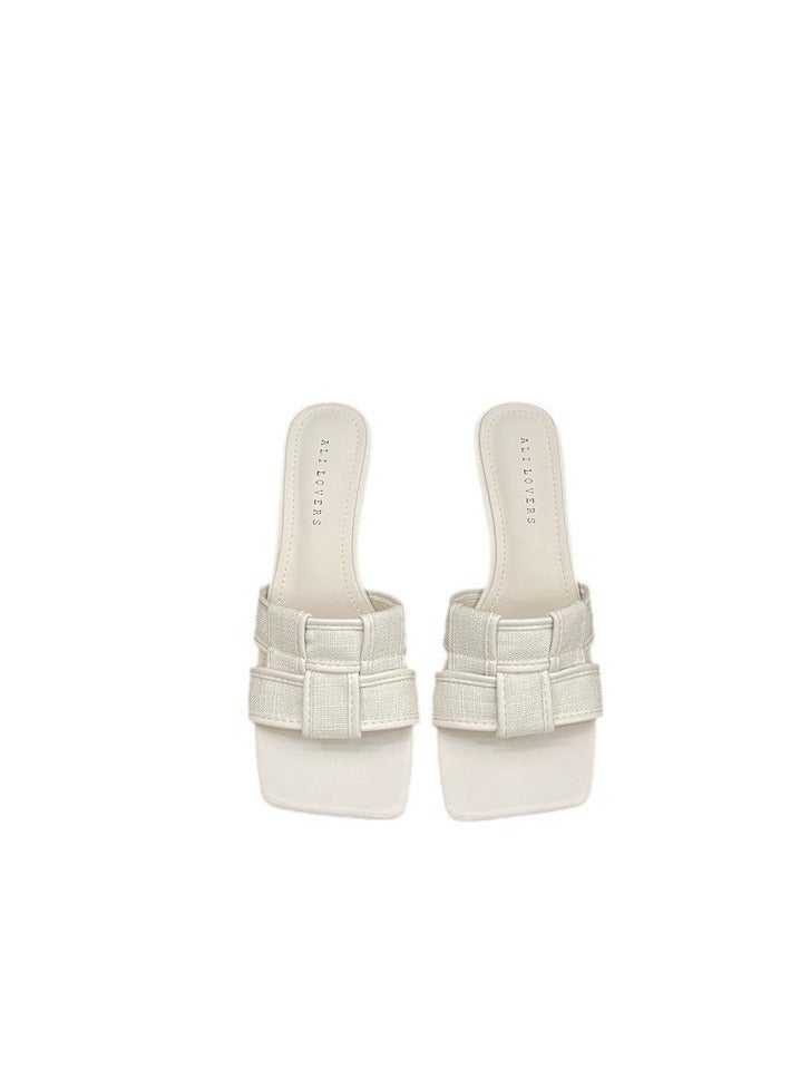 Summer New Versatile Outfit With Korean Style Square Headed Checkered Sandals For Women - Image 1