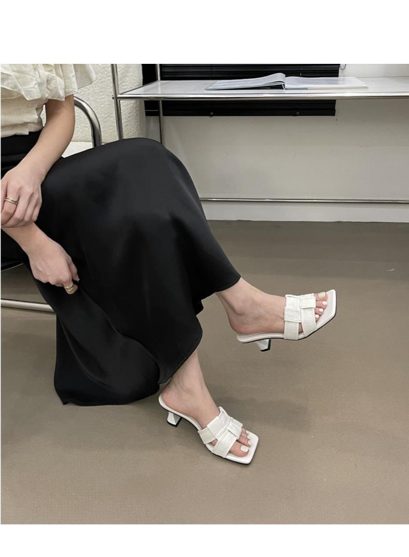 Summer New Versatile Outfit With Korean Style Square Headed Checkered Sandals For Women - Image 5