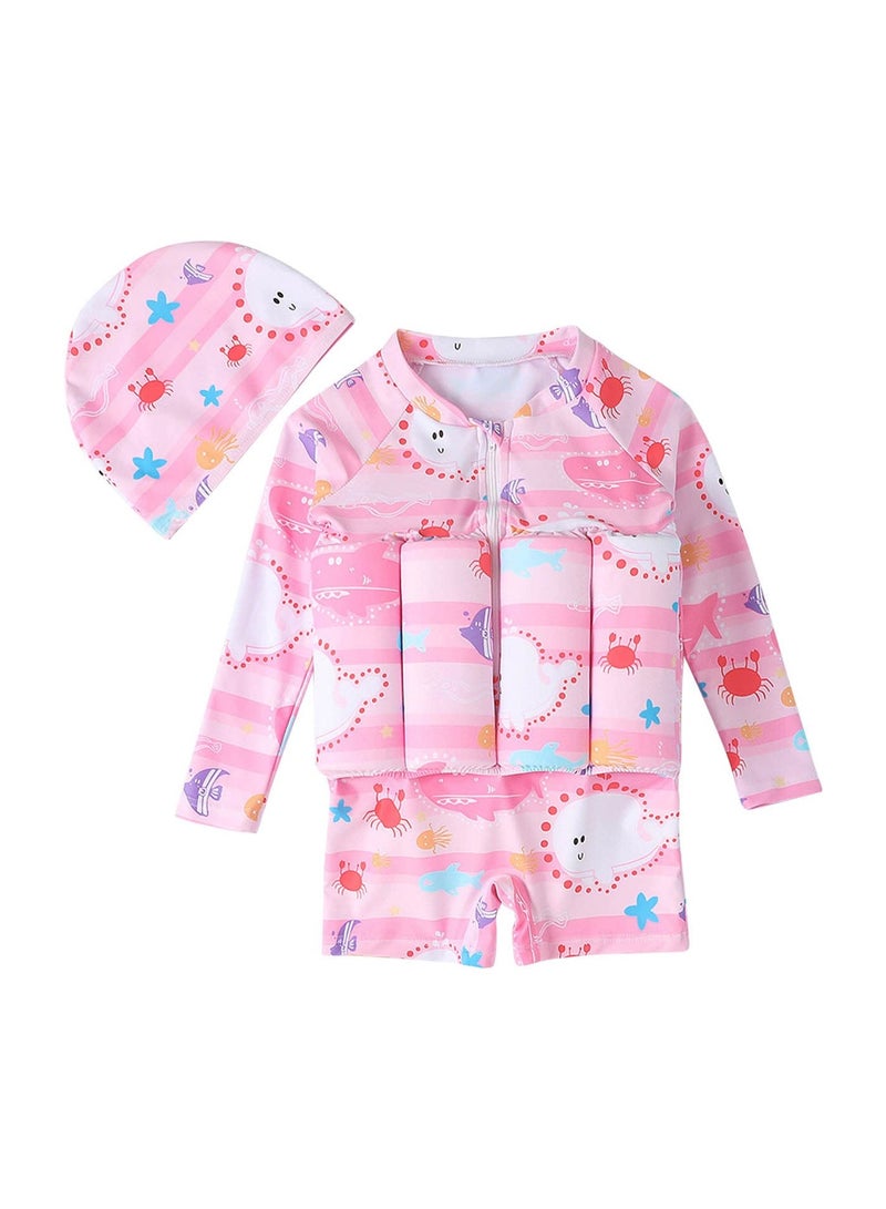 SYOSI بدلة سباحة عائمة للأطفال من قطعة واحدة مع طفو قابل للتعديل بدلة سباحة بأكمام قصيرة برسوم كرتونية (3-4 سنوات، وردي محيطي) - Image 1