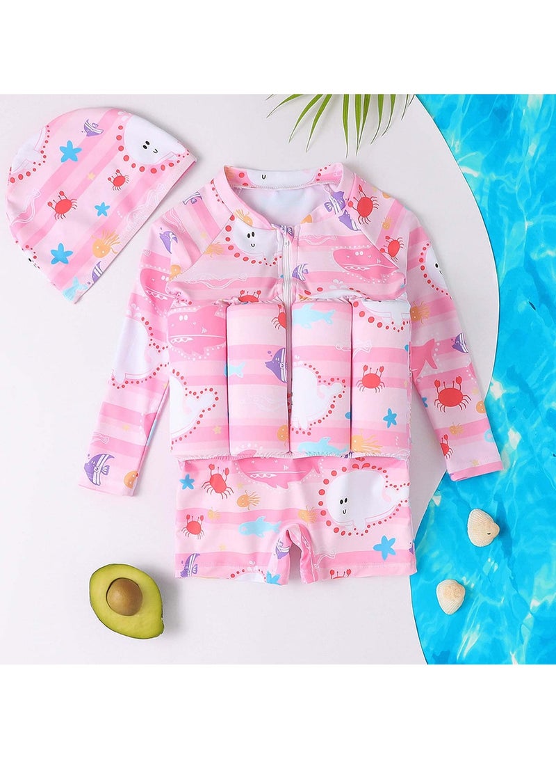 SYOSI بدلة سباحة عائمة للأطفال من قطعة واحدة مع طفو قابل للتعديل بدلة سباحة بأكمام قصيرة برسوم كرتونية (3-4 سنوات، وردي محيطي) - Image 2