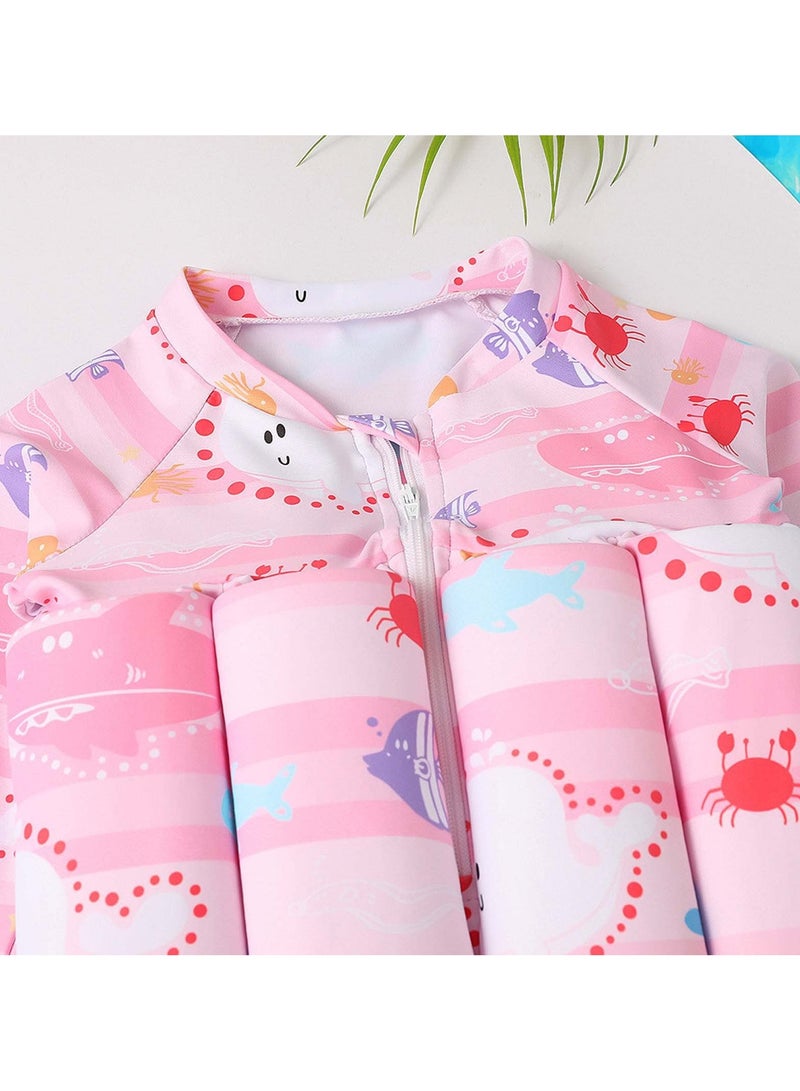 SYOSI بدلة سباحة عائمة للأطفال من قطعة واحدة مع طفو قابل للتعديل بدلة سباحة بأكمام قصيرة برسوم كرتونية (3-4 سنوات، وردي محيطي) - Image 3