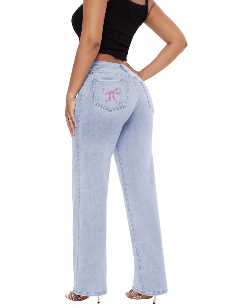ONESO Mid-Low Rise Baggy Jeans Wide Leg for Women Distressed Pants Stretchy Bottom Lady Basic Comfortable Denim Embroidery - Image 1