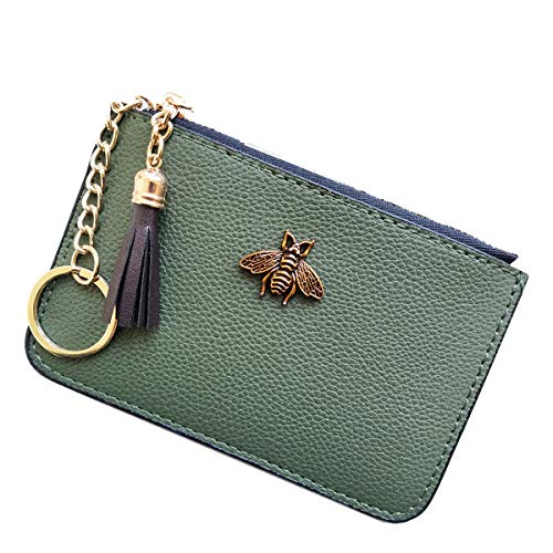AnnabelZ Women's Coin Purse Change Wallet Pouch Leather Card Holder with Key Chain Tassel Zip (CH Army Green) - Image 1