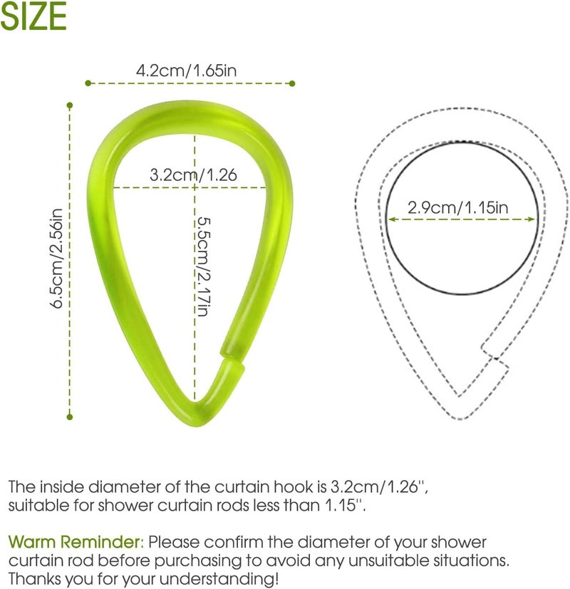 Topspring Green Plastic Shower Curtain Hooks Rings - 12 Pcs Drop Shaped Shower Hooks for Curtain Bathroom Shower Rod - Image 4