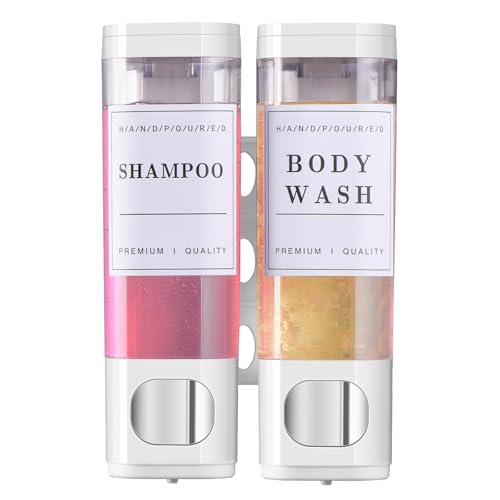 Cabo Deseado Shampoo and Conditioner Dispenser Bathroom Shower Soap Dispenser Wall Mounted Shampoo Dispenser for Shower Wall No Drill 2 * 300ml White 2 Chamber with Waterproof Labels - Image 1