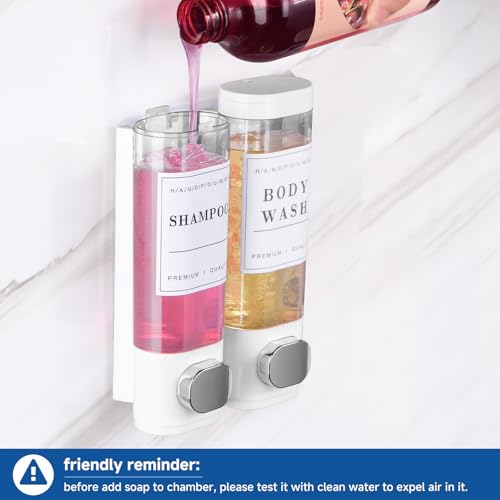 Cabo Deseado Shampoo and Conditioner Dispenser Bathroom Shower Soap Dispenser Wall Mounted Shampoo Dispenser for Shower Wall No Drill 2 * 300ml White 2 Chamber with Waterproof Labels - Image 3