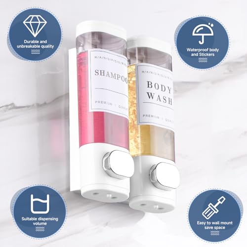 Cabo Deseado Shampoo and Conditioner Dispenser Bathroom Shower Soap Dispenser Wall Mounted Shampoo Dispenser for Shower Wall No Drill 2 * 300ml White 2 Chamber with Waterproof Labels - Image 2