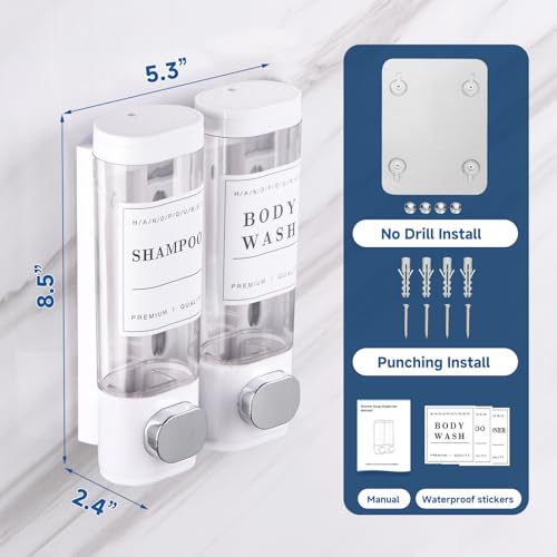 Cabo Deseado Shampoo and Conditioner Dispenser Bathroom Shower Soap Dispenser Wall Mounted Shampoo Dispenser for Shower Wall No Drill 2 * 300ml White 2 Chamber with Waterproof Labels - Image 5