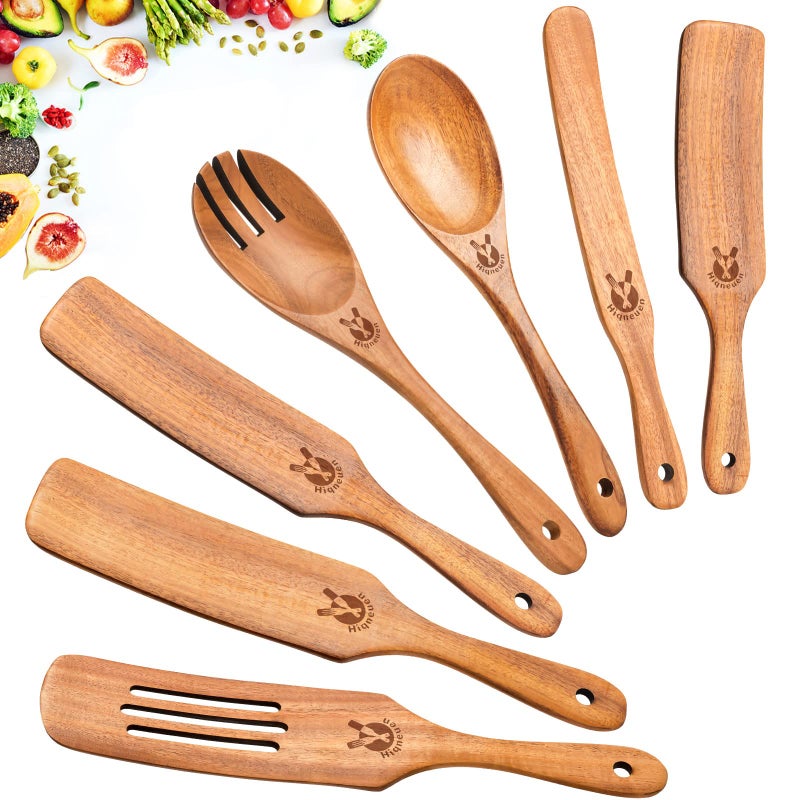 ICSTI Spurtles Kitchen Tools Wooden 7Pcs Wooden Spoons for Cooking Natural Premium Spatula Set Heat Resistant Cooking Utensil for Nonstick Cookware Spurtle for Sourdough Starter