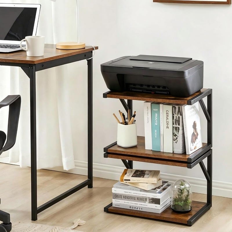 2-Tier Desktop Printer Stand Holder, حامل طابعة مكتبي, Multi-Purpose Desk Organizer Storage Shelf, Book Shelf Printer Shelf for Fax Machine, Scanner, Files, Books, Rustic Brown - Image 5