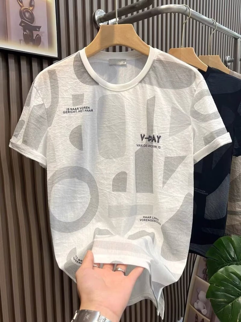 Short-Sleeved T-Shirt Men'S Summer Ultra-Thin Linen Top Korean Alphabet Printed Linen Clothes T-Shirt - Image 3