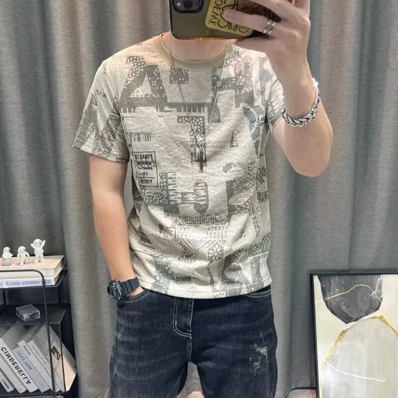 Short-Sleeved T-Shirt Men'S Summer Ultra-Thin Linen Top Korean Alphabet Printed Linen Clothes T-Shirt - Image 1