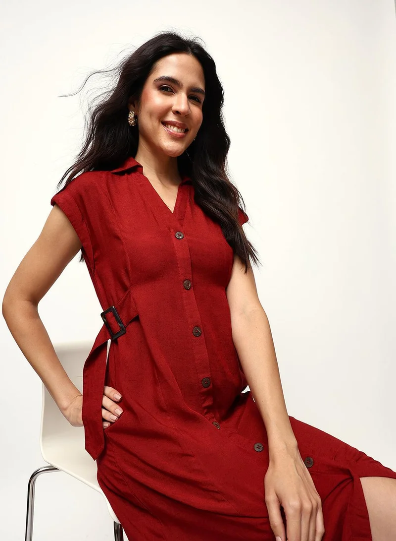 ISHIN Rust Poly Blend Solid Print Midi A-Line Straight Fit Dress For Women