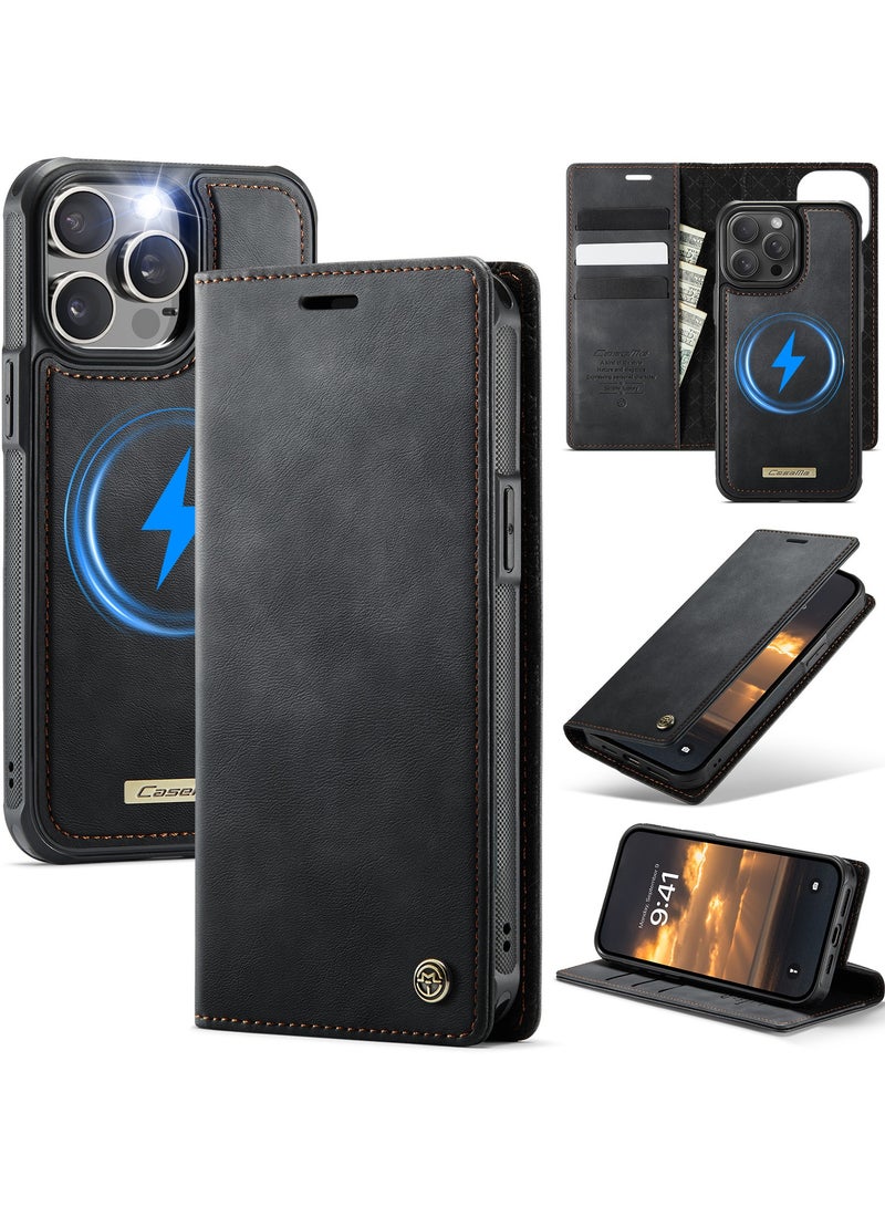 CaseMe Phone Case Cover Luxury PU Leather Design Flip Cover Card Slot Holder Support Magnetic wireless charging Back Cover detachable Compatible with IPhone 13 Pro Max  ( Black ) - Image 1