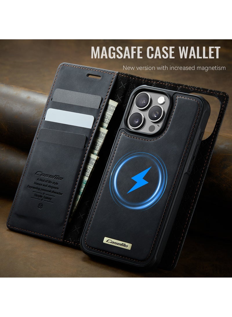 CaseMe Phone Case Cover Luxury PU Leather Design Flip Cover Card Slot Holder Support Magnetic wireless charging Back Cover detachable Compatible with IPhone 13 Pro Max  ( Black ) - Image 2