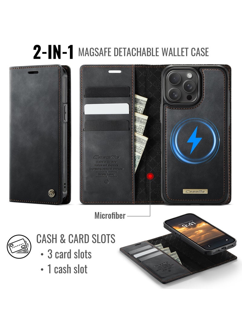 CaseMe Phone Case Cover Luxury PU Leather Design Flip Cover Card Slot Holder Support Magnetic wireless charging Back Cover detachable Compatible with IPhone 13 Pro Max  ( Black ) - Image 3