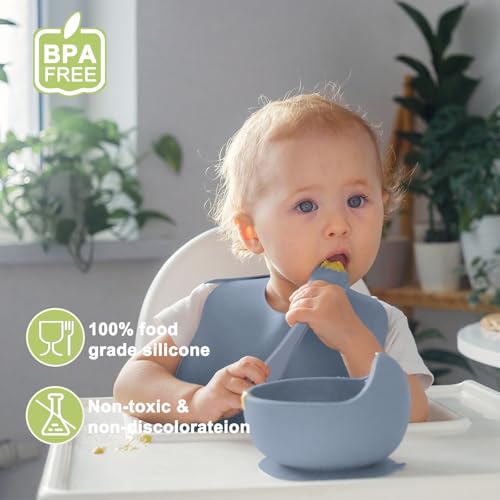 Munlinder Silicone Baby Feeding Set Baby Led Weaning Supplies Includes Suction Bowls and Divided Plates Adjustable Bib Baby Utensils Spoons and ForksCup Baby Feeding Essentials Blue Gray - Image 3