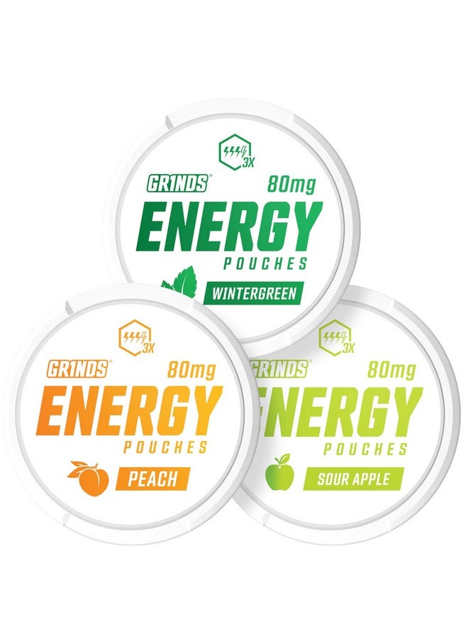 GRINDS Grinds Energy Pouches - Natural Caffeine Pouches - Contains B-Vitamins, Sugar-Free, & 0 Calories - 80mg of Caffeine in Each Pouch - Wintergreen, Peach, & Sour Apple - 3 Pack, 15 Pouches Per Can - Image 1